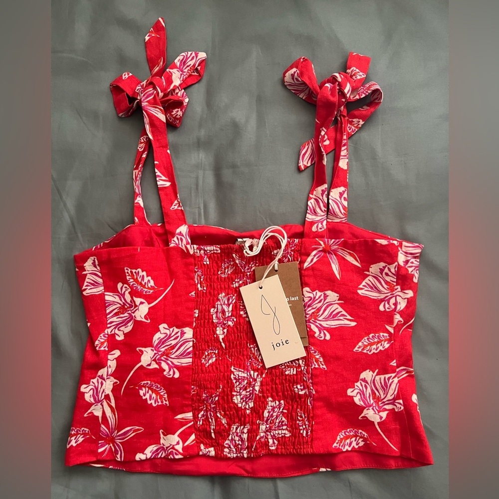 Red Flowered Crop Tank Top With Tie Straps - Picture 5 of 5